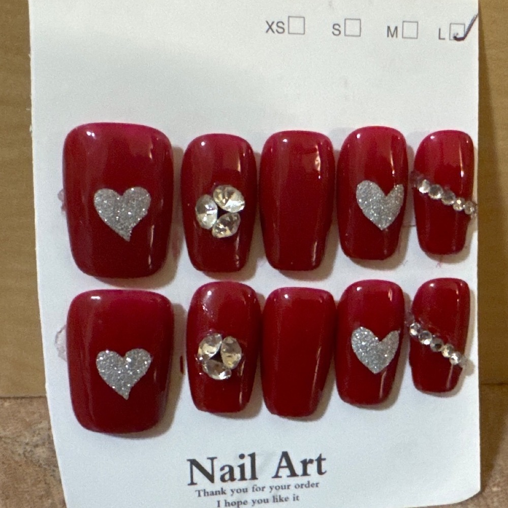 Red Press On Nails Set Silver Glitter Hearts Rhinestone Accents Square Size L